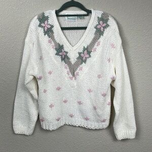 Vintage Shenanigans Knitted By Hand V Neck Floral Sweater White Pink Sz L